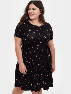 Torrid super soft 1  Black Fit-&-Flare Midi Dress with Red Floral Motif